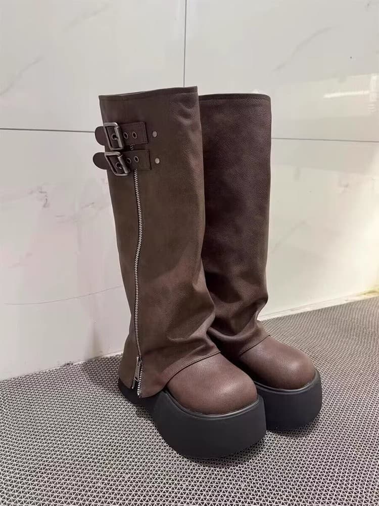 【厚底8cm×ジップ×バックル】スタイル映えロングブーツ|脚長×実用性◎