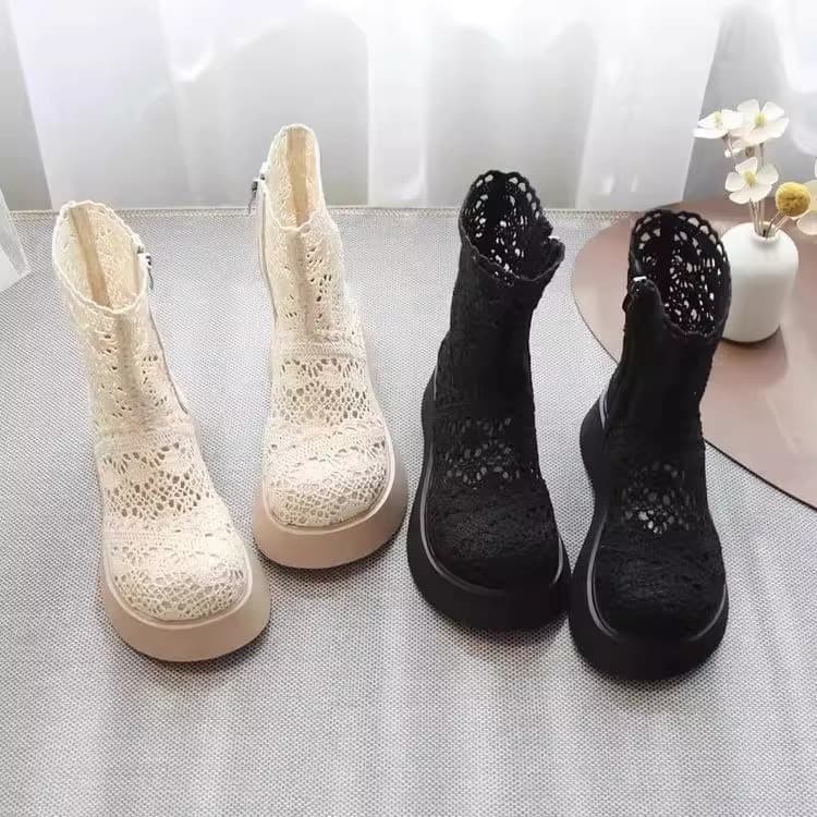 【厚底×レース編み×通気性】ショートブーツ|サイドジップ・2色展開・25cm対応