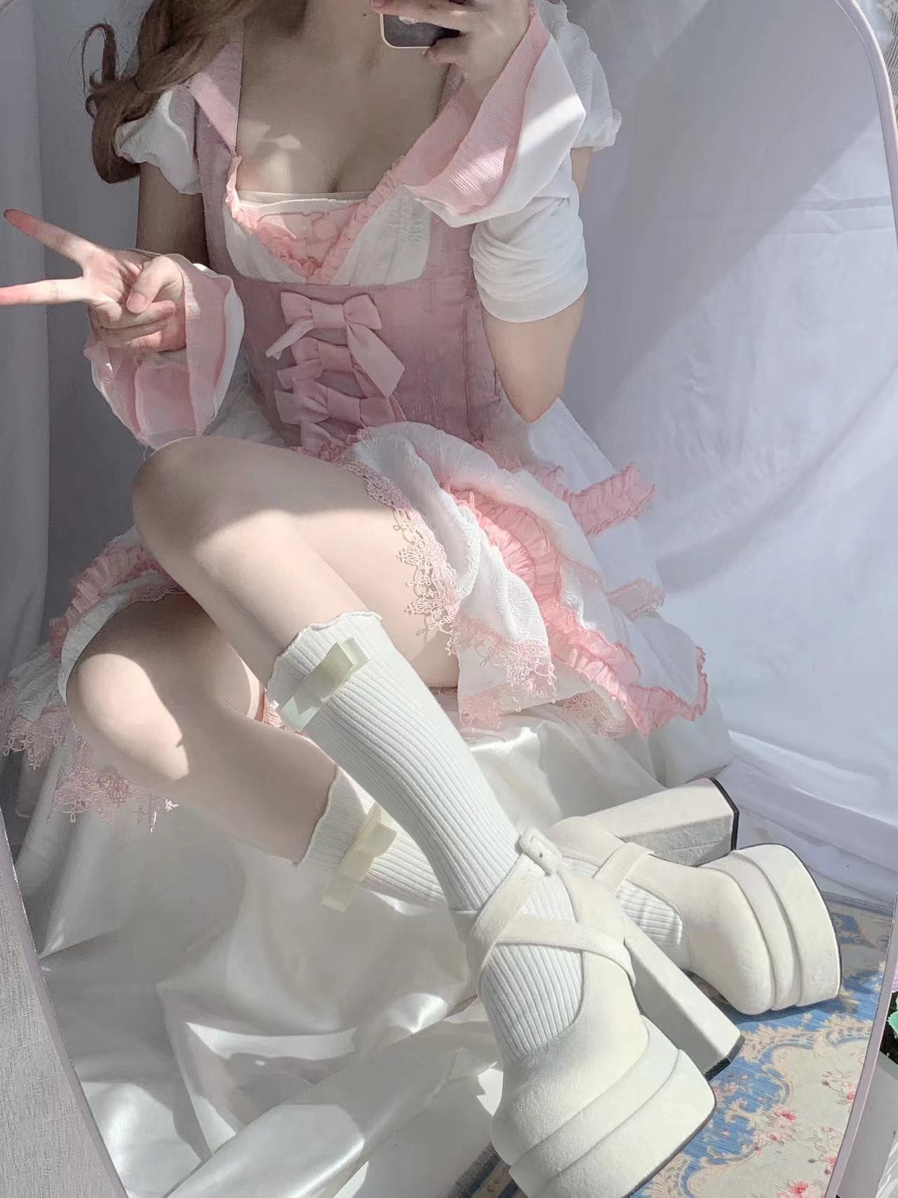 リボン紐×太ヒール|12cm脚長厚底パンプス