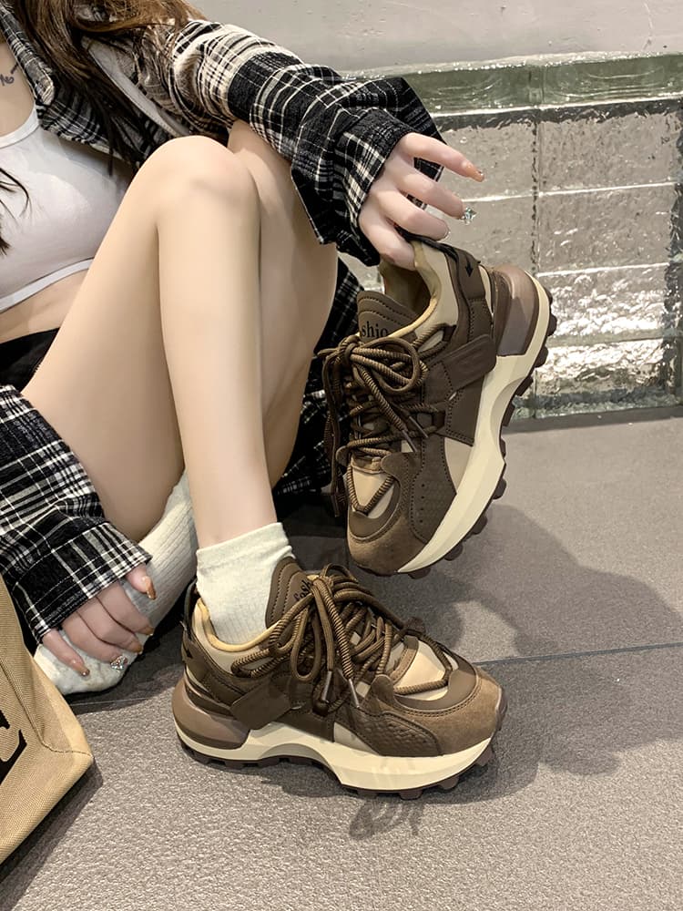 【異素材ミックス×通気性×韓国ストリート】+6cm厚底 脚長 スニーカー