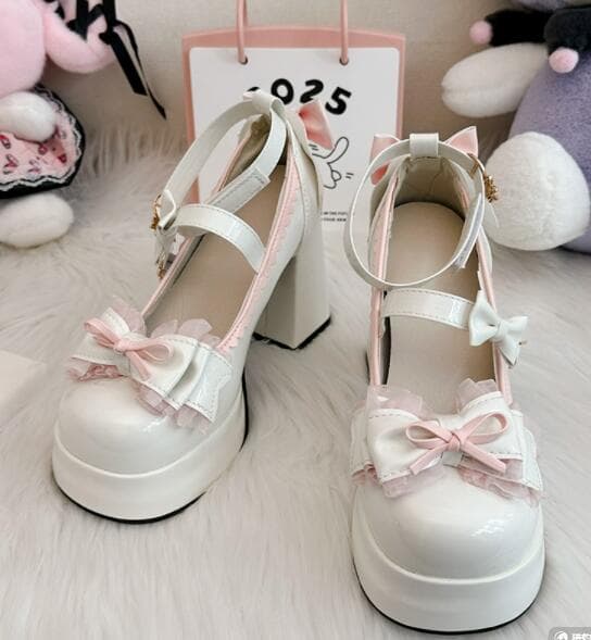 厚底パンプス リボン付き姫系ハイヒール靴