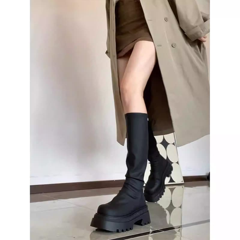 【厚底8cm×ニットカフス】ジッパー付きロングブーツ|脚長×安定×秋冬映え