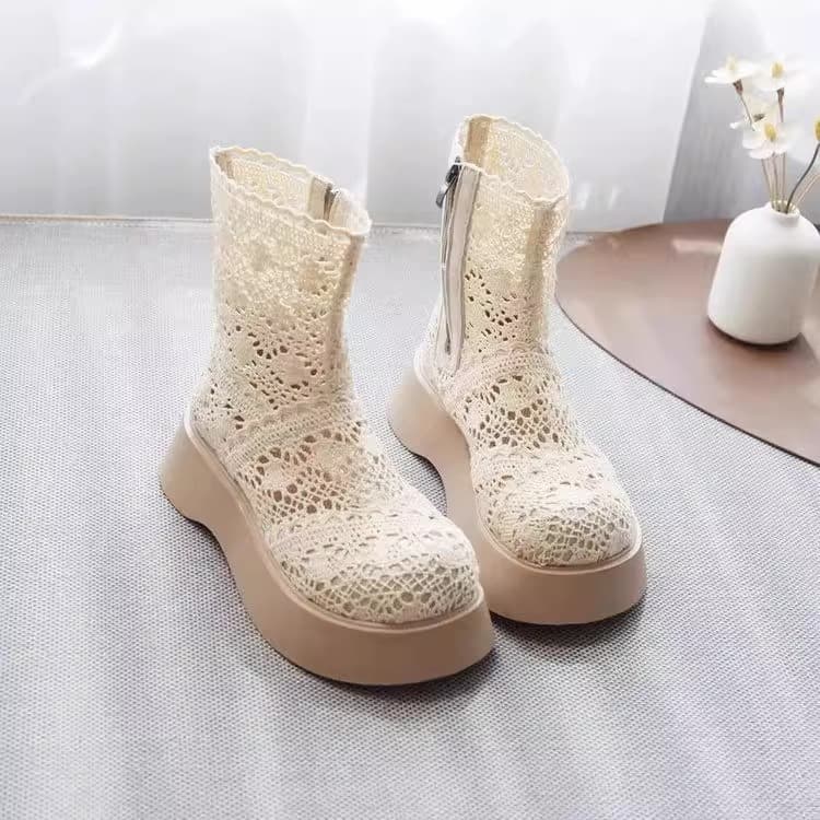 【厚底×レース編み×通気性】ショートブーツ|サイドジップ・2色展開・25cm対応