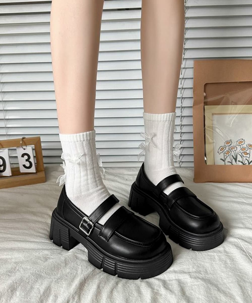 【二重ベルト×バックルデザイン×韓国系】+7.5cm厚底脚長パンプス