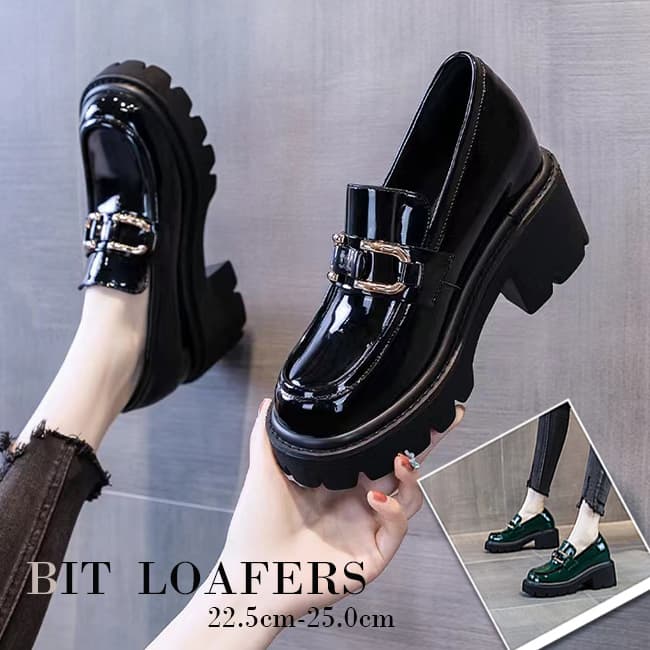 【艶エナメル×上品バックル×美脚シルエット】+5cm厚底 エナメルローファー