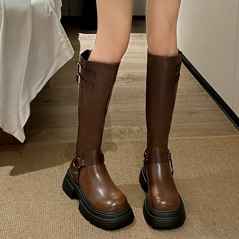【安定感×モード映え×ハーネス×ダブルベルト】+5cm個性派ロングブーツ|