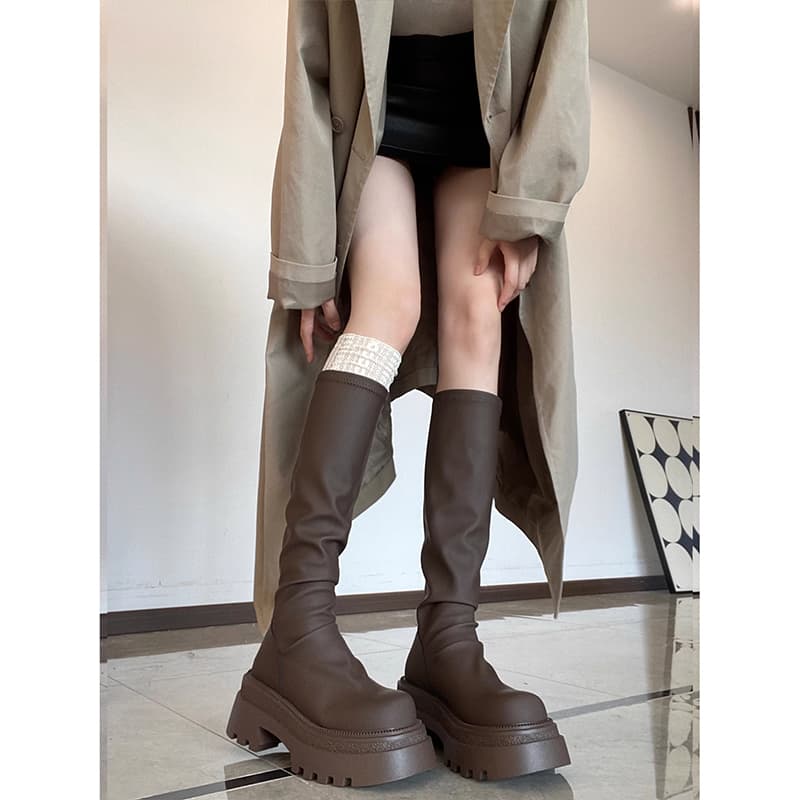 【厚底8cm×ニットカフス】ジッパー付きロングブーツ|脚長×安定×秋冬映え