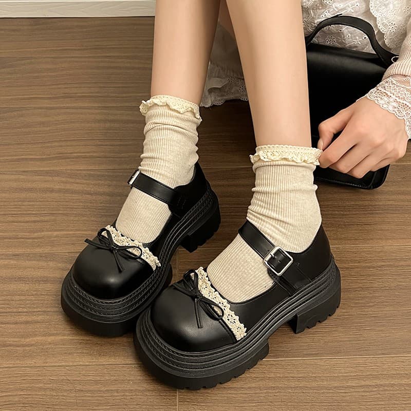 【レース×ストラップ×厚底5.0cm】クラシカルローファー|安定感◎×映え×毎日履ける